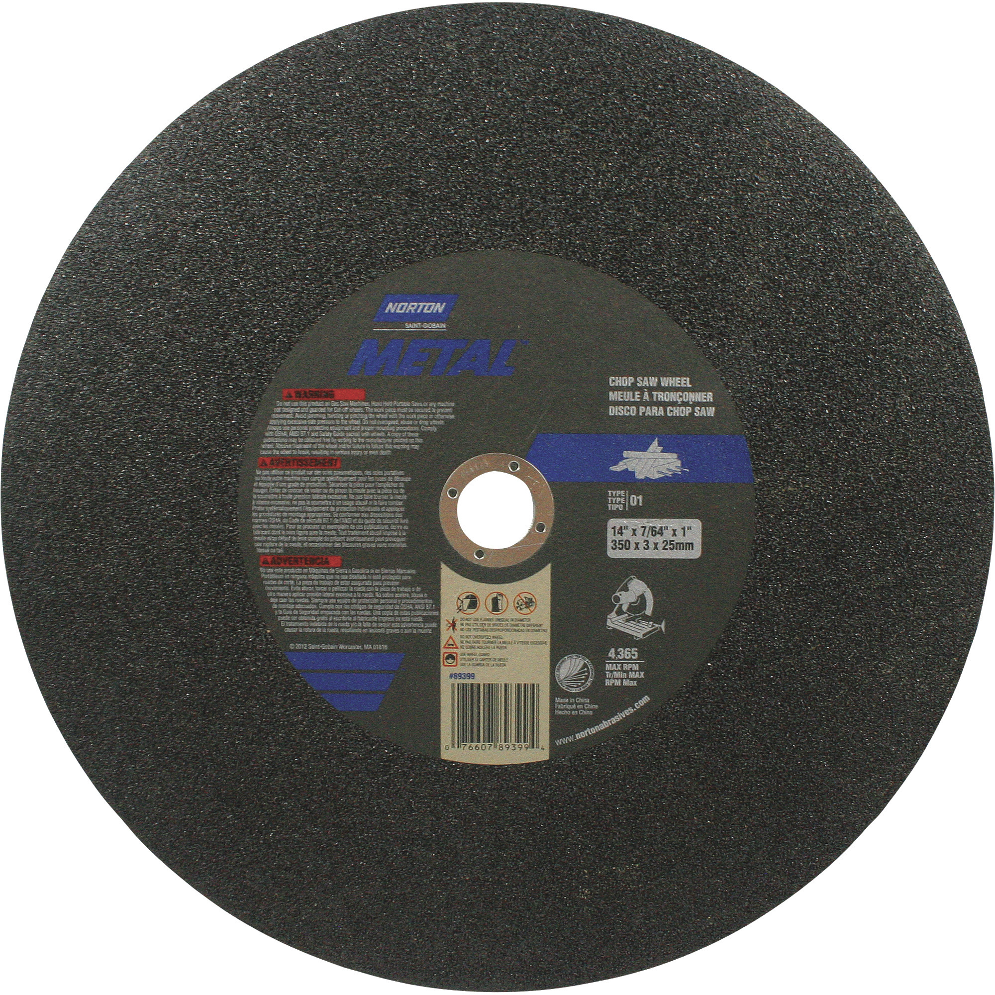 Norton Chop Saw Cutoff Blade, 14in. dia., 4365 RPM, Model# 076607-89399-4